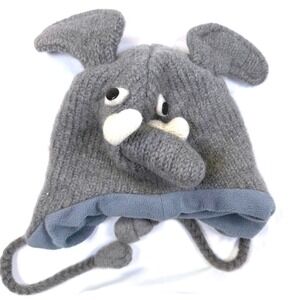 Nepalese Wool Knit Elephant Beanie Hat Button Eyes 3D Trunk Tusks Ears OS Gray‎